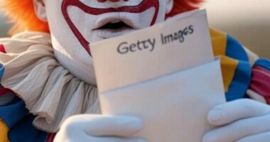 Clown surprised by Getty Images demand letter, satirical illustration.